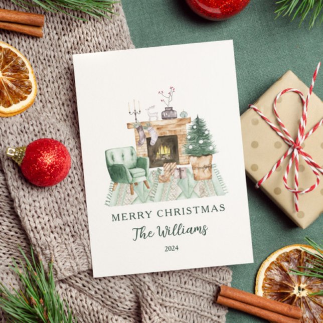Cartão De Festividades Natal da Lareira de Aquarela Elegante (Criador carregado)