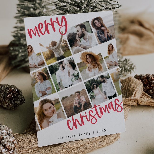 Cartão De Festividades Natal da multifoto da família divertida única verm (MARIAH Red Unique Fun Family Multi Photo Christmas Holiday Card)