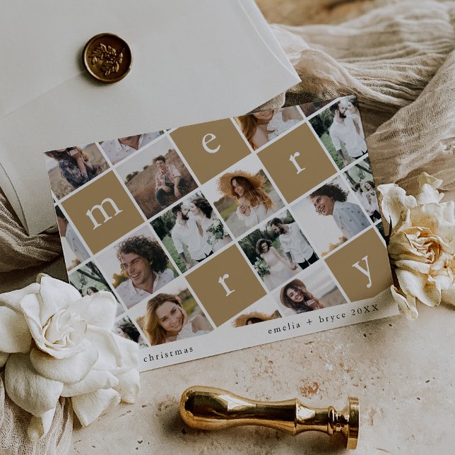 Cartão De Festividades Natal da Multifotógrafa da Família Moderna Dourada (EMELIA Gold Modern Family Multi Photo Christmas Holiday Card)