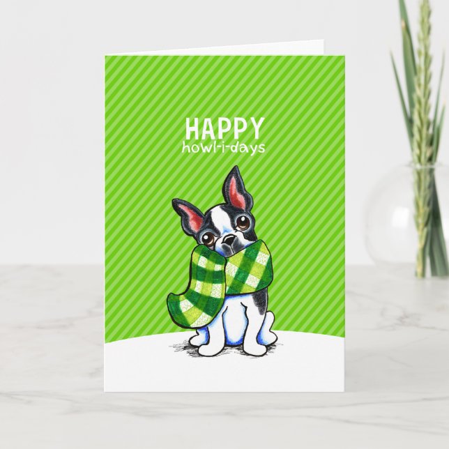 Cartão De Festividades Natal da Xadrez de Boston Terrier (Frente)