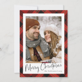 Cartão De Festividades Natal da Xadrez de Tartan Vermelho Mínimo Moderno