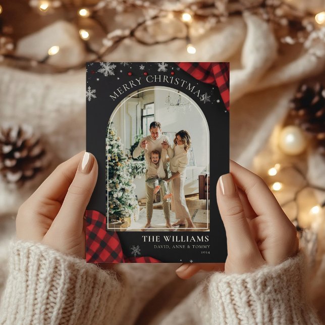 Cartão De Festividades Natal da Xadrez Red Gingham Chalkboard (Criador carregado)