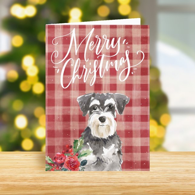 Cartão De Festividades Natal da Xadrez Vermelha Miniatura Schnauzer (Criador carregado)