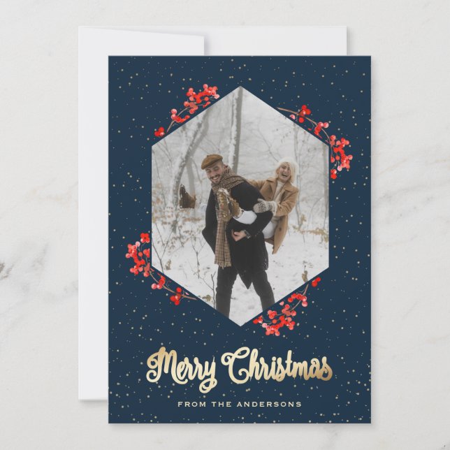 Cartão De Festividades Natal das Berries Vermelhas de Neve Azul Moderno (Frente)