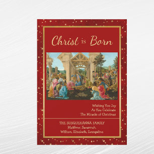 Cartão De Festividades Natal das Estrelas Douradas Religiosas Vermelhas