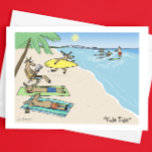 Cartão De Festividades Natal das férias de Santa Clause e Reindeer Beach<br><div class="desc">Um Cartão de Natal Humoroso. Cartoon de Papais noeis e suas renas em férias de praia tropical ensolaradas. A Cláusula Santa sem camisa em troncos de natação vermelhos está andando pelas ondas. Uma rena está correndo com uma prancha de surfe. Outras renas estão bronzeando ou lendo na areia. O título...</div>