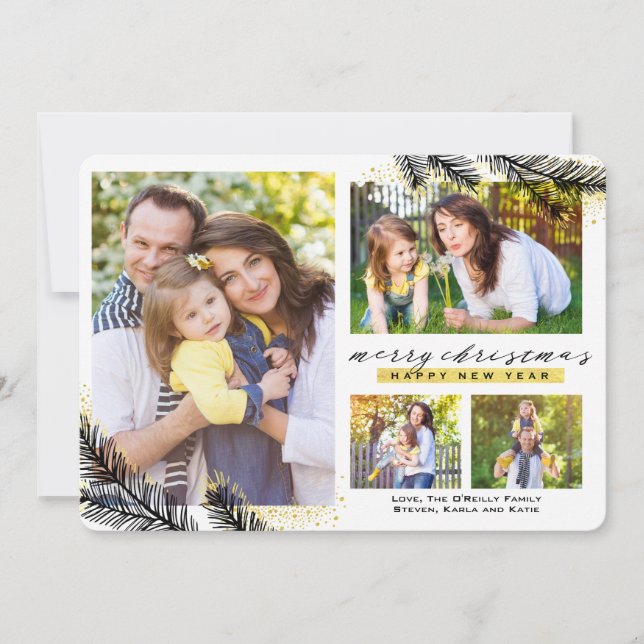 Cartão De Festividades Natal das Ramificações de Pinheiros Dipados Dourad (Frente)