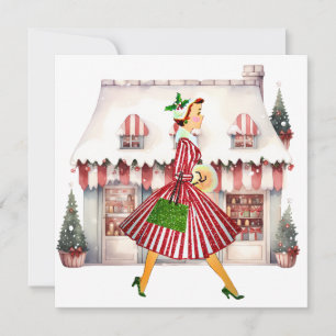 Cartão De Festividades Natal de 1950 Senhora Vintage Fazendo Compras