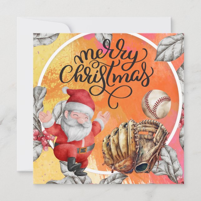 Cartão De Festividades Natal de baseball com Papai Noel e Neve (Frente)