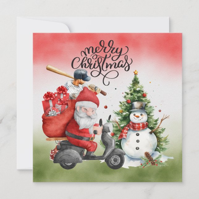 Cartão De Festividades Natal de baseball com Papai Noel e Neve (Frente)
