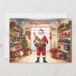 Cartão De Festividades Natal de Beisebol Papai Noel e cesta de presentes