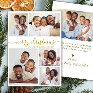 Cartão De Festividades Natal de Colagem de 5 Fotos em Script Dourado Eleg