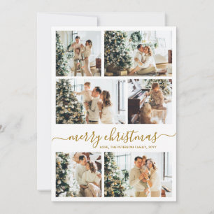 Cartão De Festividades Natal de Colagem de Fotos 6 Elegante Script Dourad
