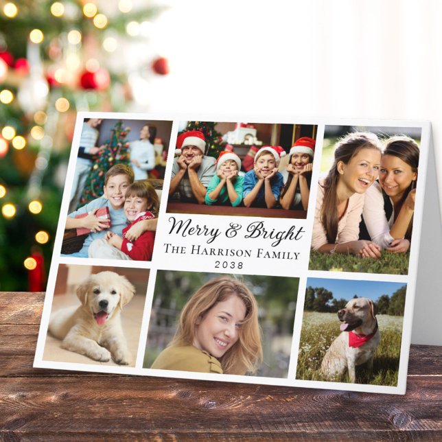 Cartão De Festividades Natal De Colagem De Fotos De feliz E Brilho 6 (This holiday season, let the magic of your cherished moments unfold with our 6 photo Christmas card)