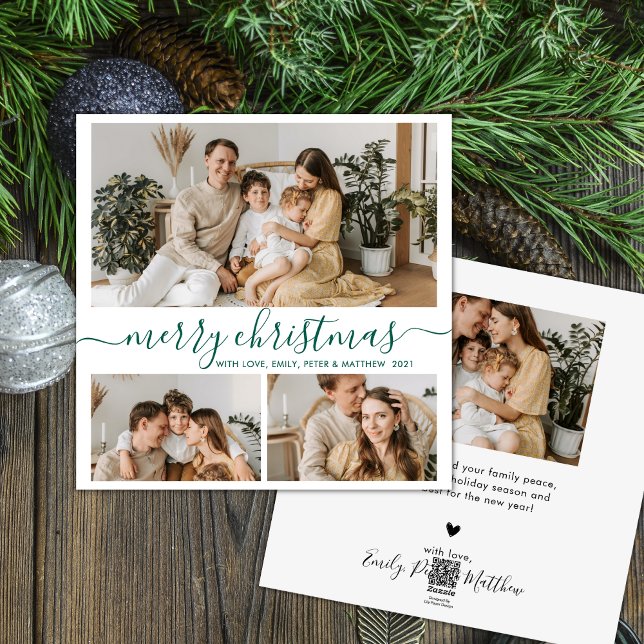 Cartão De Festividades Natal de Colagem de Fotos Verde Branco Simples 3 (Criador carregado)