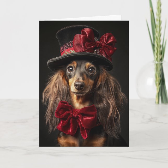 Cartão De Festividades Natal de Dachshund de Cabelo Longo Vitoriano (Frente)