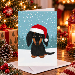 Cartão De Festividades Natal de Dachshund Negro e Tan Longhaired