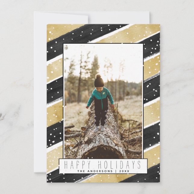 Cartão De Festividades Natal de Flocos de Neve Preto e Dourado Moderno (Frente)