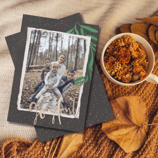 Cartão De Festividades Natal de Folhagem e Foto Modernas (Criador carregado)