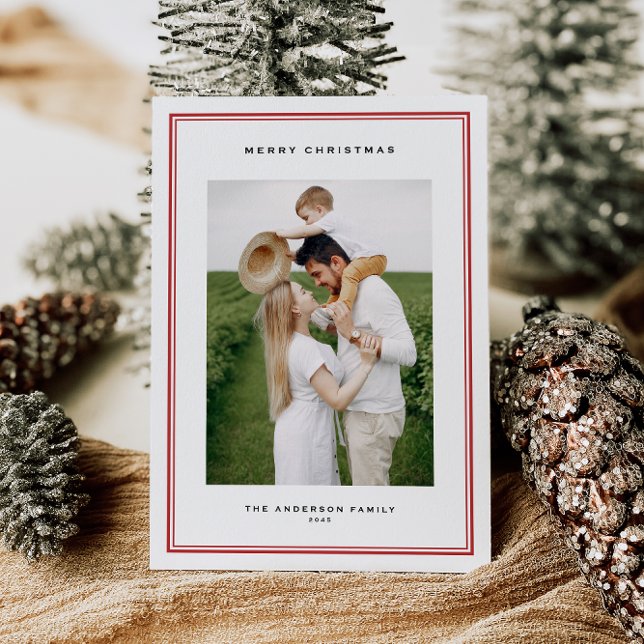 Cartão De Festividades Natal de Foto de Borda Dupla Vermelha eterno (This timeless holiday photo card features a refined double-line frame and classic serif typography.)