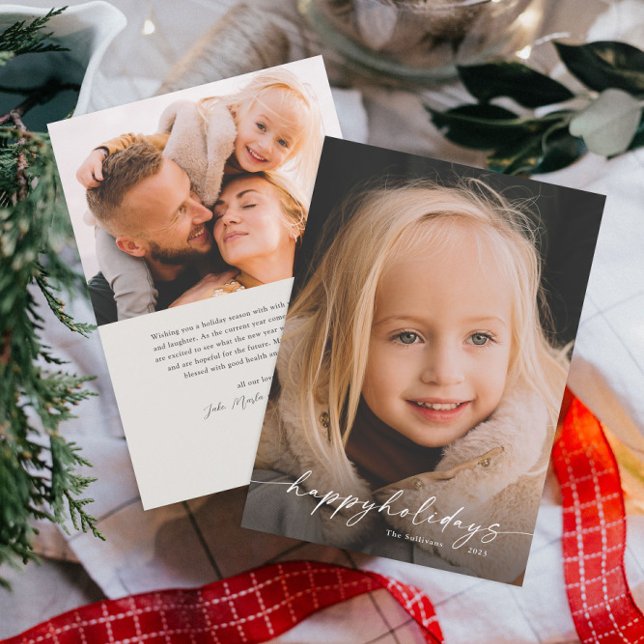 Cartão De Festividades Natal de Foto de Script Manuscrito Simples (Minimal happy holidays photo holiday card with handwritten overlay type and simple photo backer.)