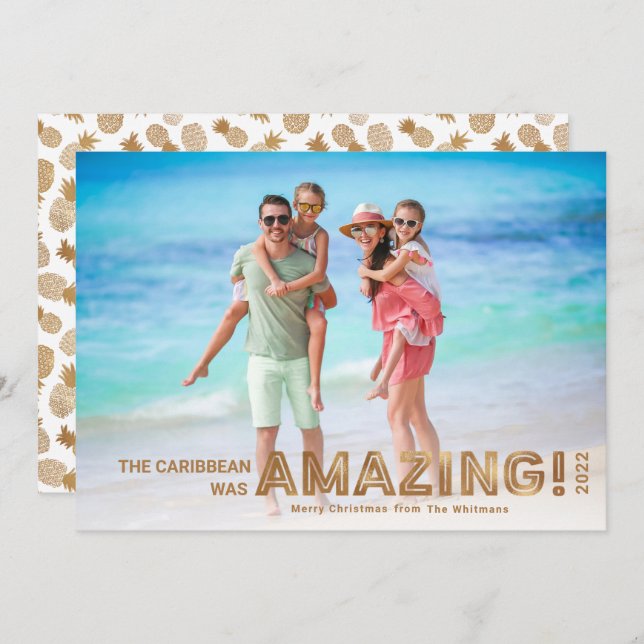 Cartão De Festividades Natal de Foto Dourada de Viagem Tropical Moderna (Frente/Verso)