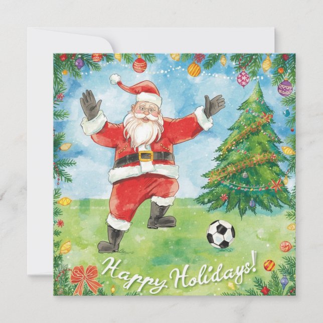 Cartão De Festividades Natal de futebol Férias do Papai Noel jogando fute (Frente)