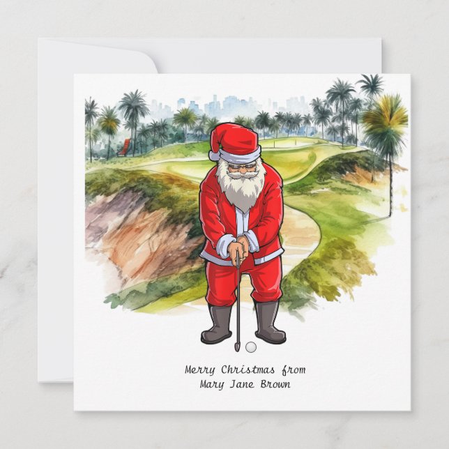 Cartão De Festividades Natal de Golfer com Santa CLAUS (Frente)