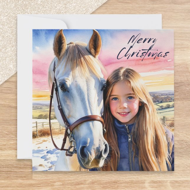 Cartão De Festividades Natal de Horse e Neve de Aquarela (A pretty Christmas card with illustration of a girl and her horse in a snowy paddock with sunset)