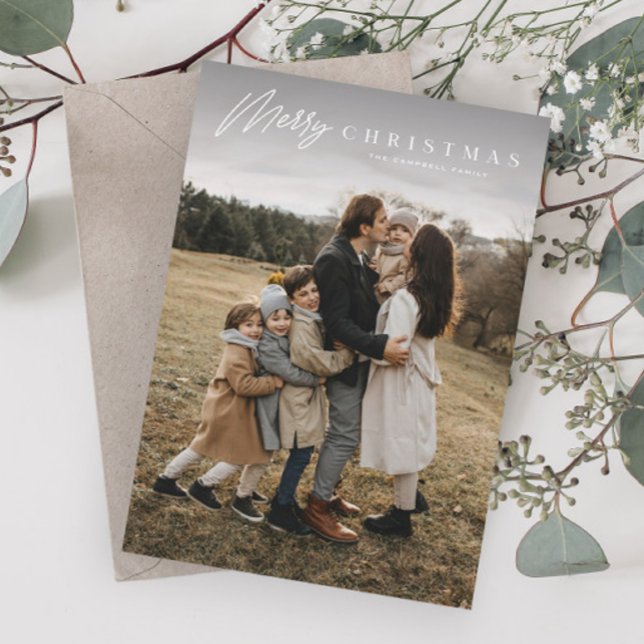 Cartão De Festividades Natal de Imagem Simples de Script de Feliz 3 (Simple script merry christmas photo holiday cards.)