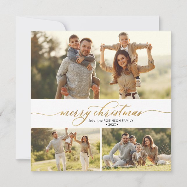 Cartão De Festividades Natal de Múltiplas Fotografias Douradas Elegante 3 (Frente)