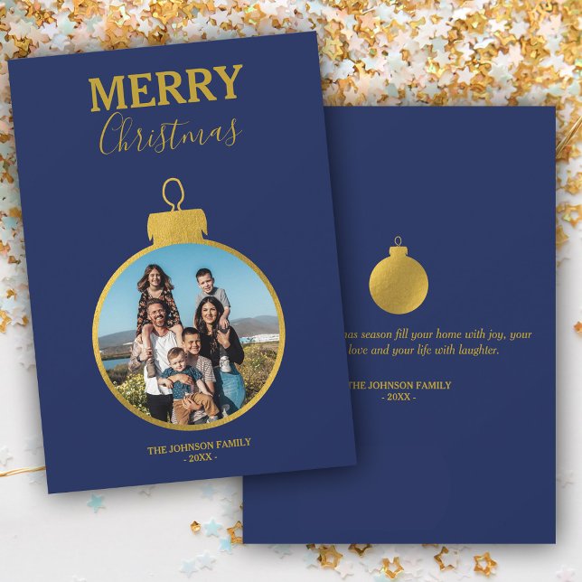 Cartão De Festividades Natal de Ornamentos de Fotos Azuis Dourados Person (Custom Gold Blue Photo Ornaments Christmas Holiday Card)