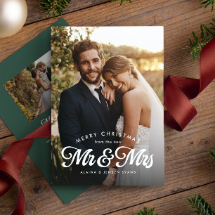 Cartão De Festividades Natal de recém-casados verde duas fotos