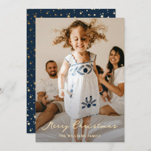 Cartão De Festividades Natal de Script de Estrelas Douradas Azuis Elegant