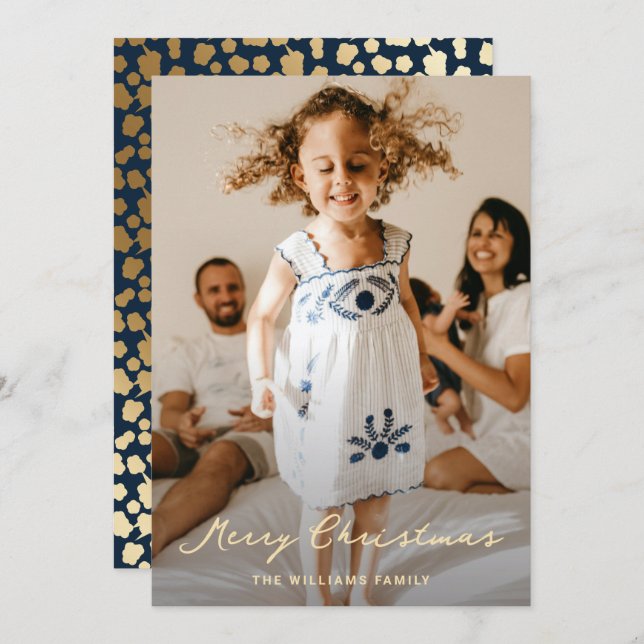 Cartão De Festividades Natal de Script de Estrelas Douradas Azuis Elegant (Frente/Verso)