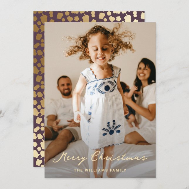 Cartão De Festividades Natal de Script de Estrelas Douradas Roxas Elegant (Frente/Verso)