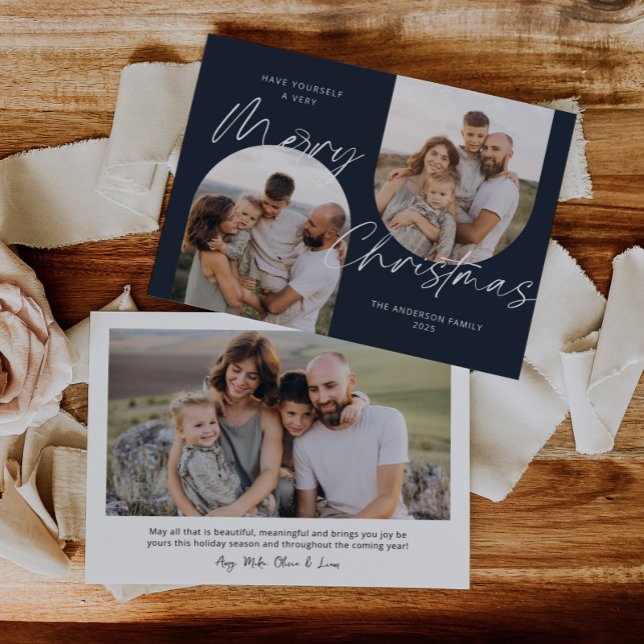 Cartão De Festividades Natal de Script Elegante Moderno de Arch Azul (Criador carregado)