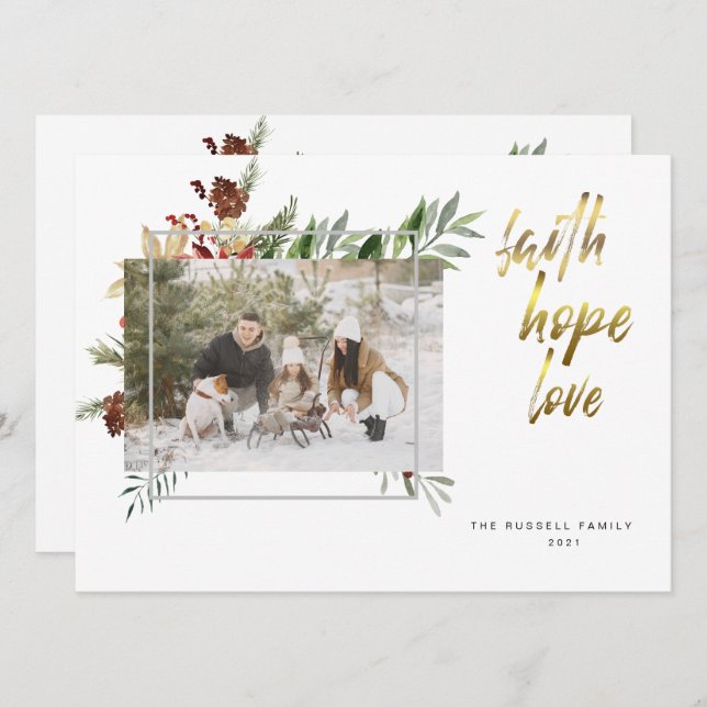 Cartão De Festividades Natal de Três Fotos em Caligrafia Dourada Elegante (Frente/Verso)