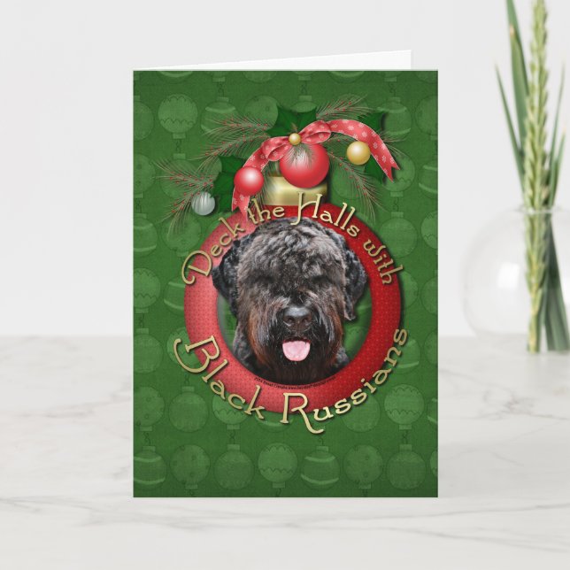 Cartão De Festividades Natal - Deck the Halls - Black Russo Terrier (Frente)