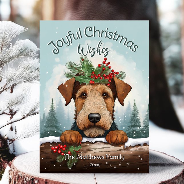 Cartão De Festividades Natal Desperta Floresta de inverno Airedale Terrie (Adorable Winter Snowy Scene With Peeking Dogs or Farm/Woodland Animals - Over 50 to Choose From!)