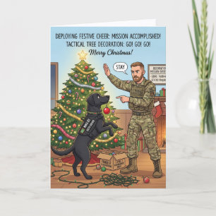 Cartão De Festividades Natal divertido com Labrador preto militar
