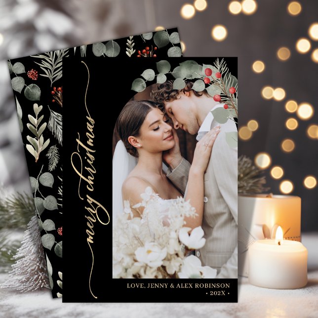 Cartão De Festividades Natal do Arco de Fotografias de Script Dourado Ele (Criador carregado)