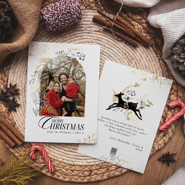 Cartão De Festividades Natal do Arco Floral Dourado e Preto (Criador carregado)