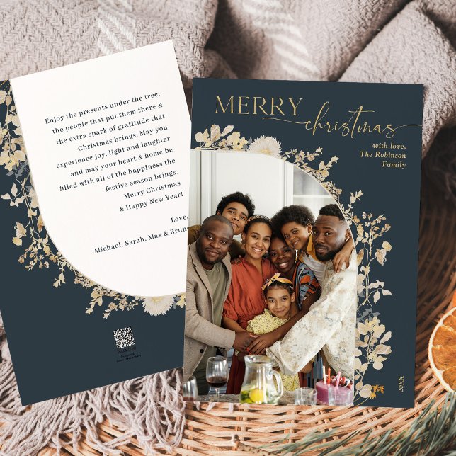 Cartão De Festividades Natal do Arco Fotográfico do Dourado Azul Moderno  (Criador carregado)