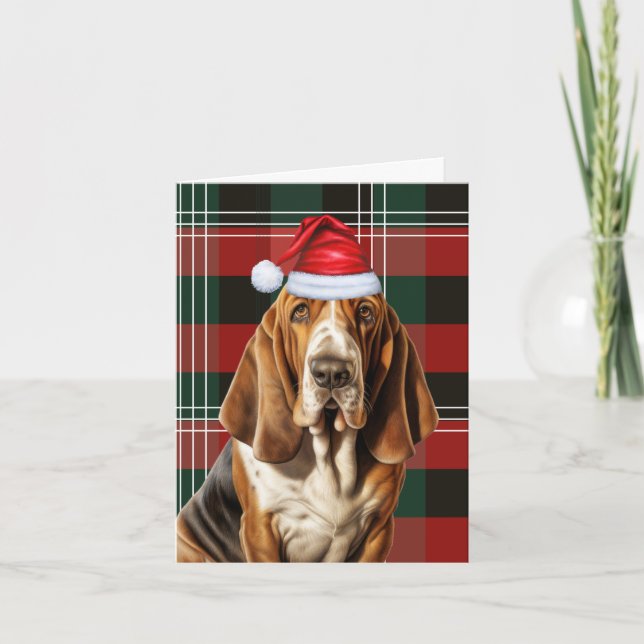 Cartão De Festividades Natal do Cachorro Cachorro Basset Xadrez Natal (Frente)