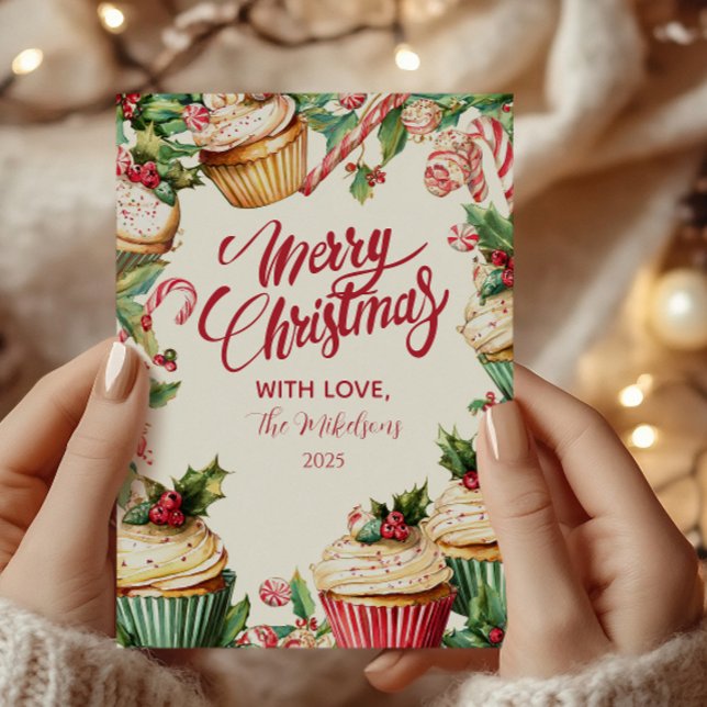 Cartão De Festividades Natal do Cupcake Candy Cane (Criador carregado)