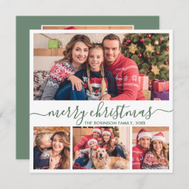 Cartão De Festividades Natal do Elegant 4 Photo Collage Green Script