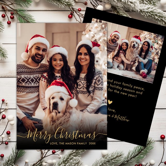 Cartão De Festividades Natal do Elegant Black Dourado Script 2 Photo (Criador carregado)