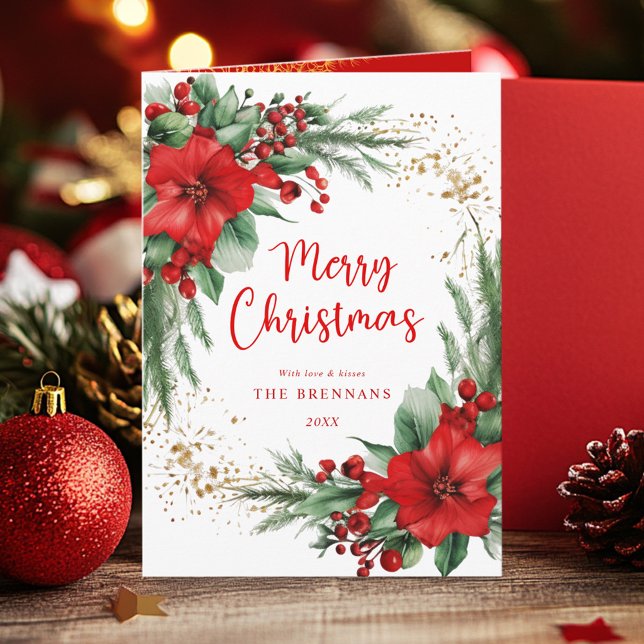 Cartão De Festividades Natal do Elegante Verde Vermelho (Red Green Elegant Botanical Photo Christmas Holiday Card)