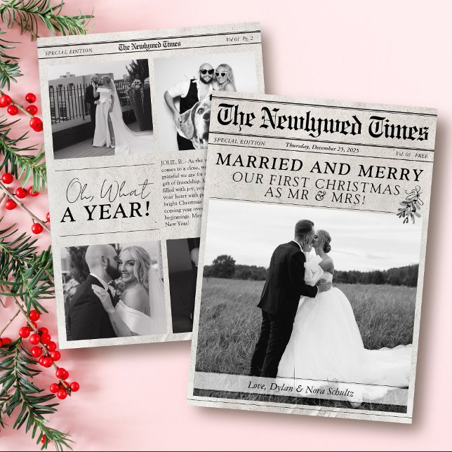 Cartão De Festividades Natal do jornal moderno casado e Feliz (Married and Merry first Christmas Mr & Mrs modern newspaper photo what a year elegant holiday card)